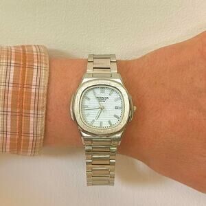 Y2K Silver Square Quartz Watch with Textured Dial Unisex 8.5" New